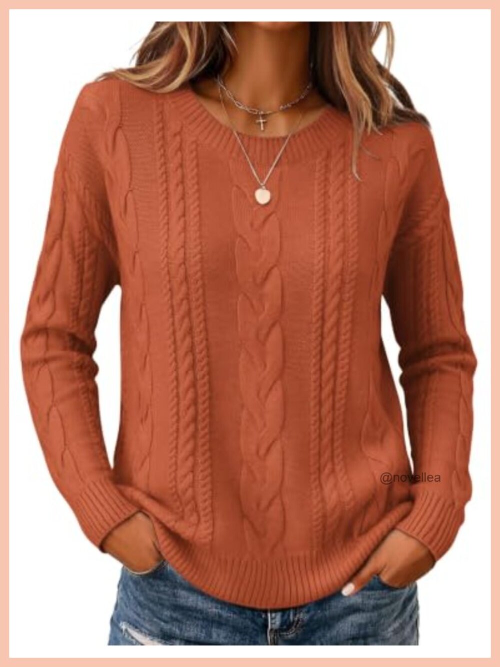 Cable Knit Sweater Loose Fit Chunky Pullover Crew Neck Long Sleeve